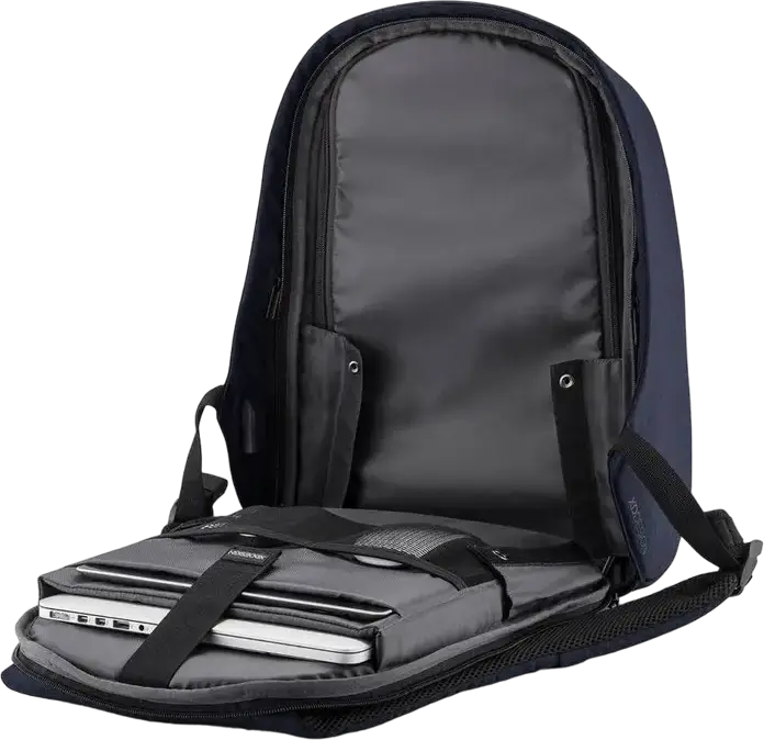 Rucsac Antifurt XD Design Bobby Hero XL, 21.5L, Albastru Închis, Material R-pet Reciclat, Compartiment Laptop 17" și Tabletă 12.9", Port USB, Protecție RFID