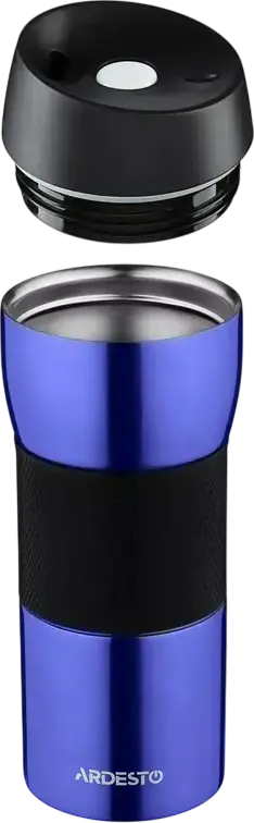 Ardesto AR2645STB Easy Travel S Thermal Travel Mug, 450ml, 18/10 Stainless Steel, Vacuum Insulated, Hot 8h/Cold 12h, Push-Button Lid, Blue