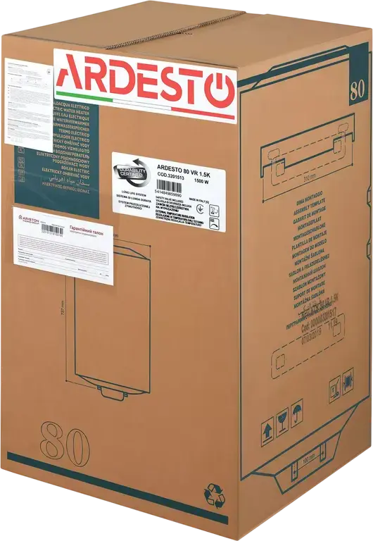 Вертикальный электрический водонагреватель Ardesto NEU NTS 80 V 1.5K EU2, объем 80 л, мощность 1500 Вт, эмалированный стальной бак, механическое управление, белый