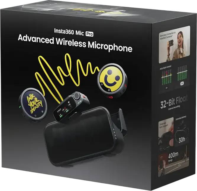 Insta360 Mic Pro Wireless Microphone System, 2 TX + 1 RX, 32-bit Float Internal Recording, 32GB Memory, 400m Range, OLED Touchscreen, Black