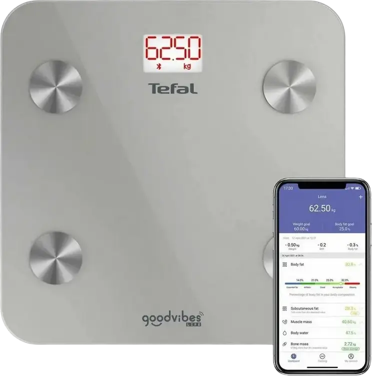 Tefal BM9600S1 Goodvibes Life Smart Body Scale, Bluetooth Connectivity, BMI Body Fat Water Bone Mass Metrics, Tempered Glass, 160kg Max, Silver