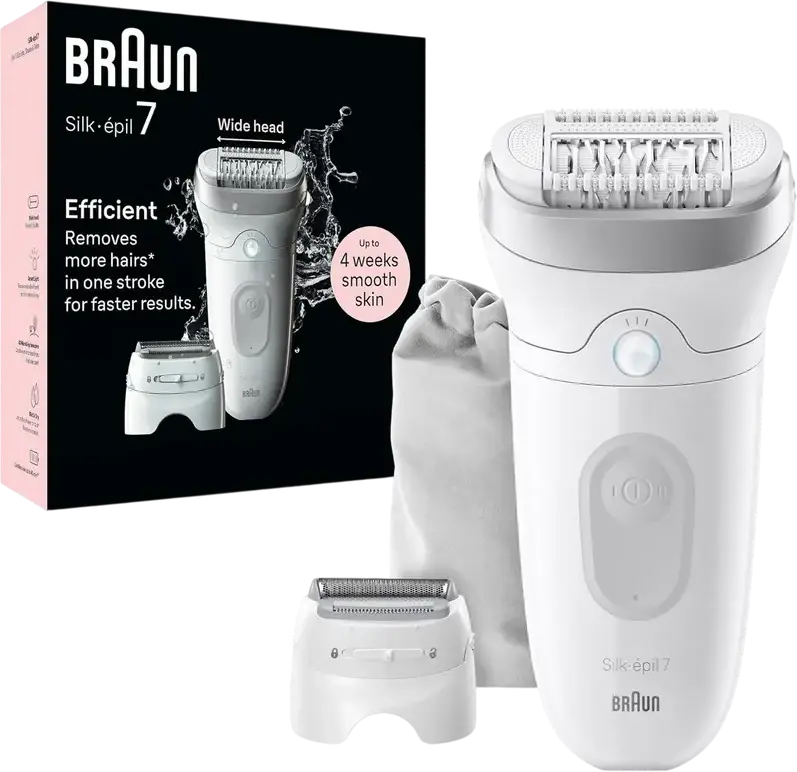 Epilator Braun Silk-épil 7 SE7000 Wet & Dry, 40 Pense MicroGrip, Cap Lat, Smart Light, Roller de Masaj, Moduri Gentle și Powerful, Alb