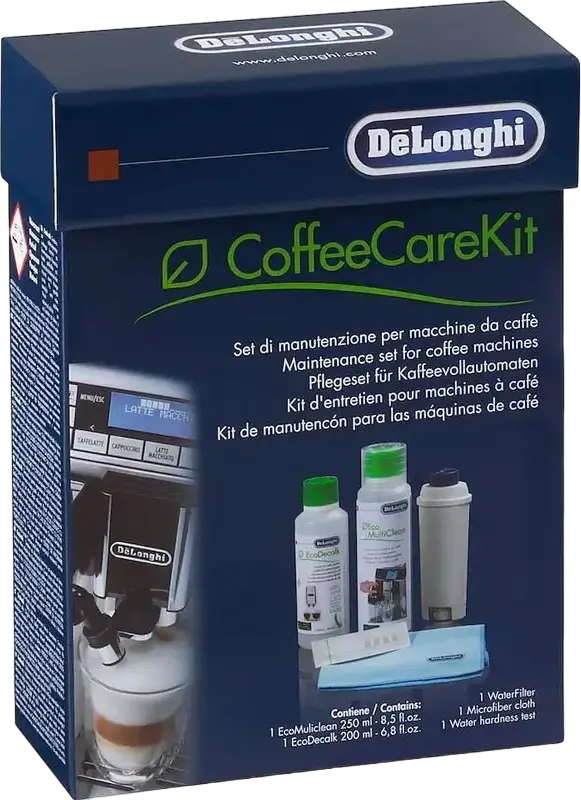 DeLonghi CoffeeCareKit DLSC306 Maintenance Set with EcoDecalk Descaler, EcoMultiClean Cleaner, Water Filter and Microfiber Cloth for Automatic Coffee Machines