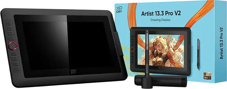 XP-Pen Artist 13.3 Pro V2 Graphics Tablet Pen Display, 13.3" Full-Laminated IPS FHD Screen, X3 Pro Stylus 16K Pressure, Red Dial, Black