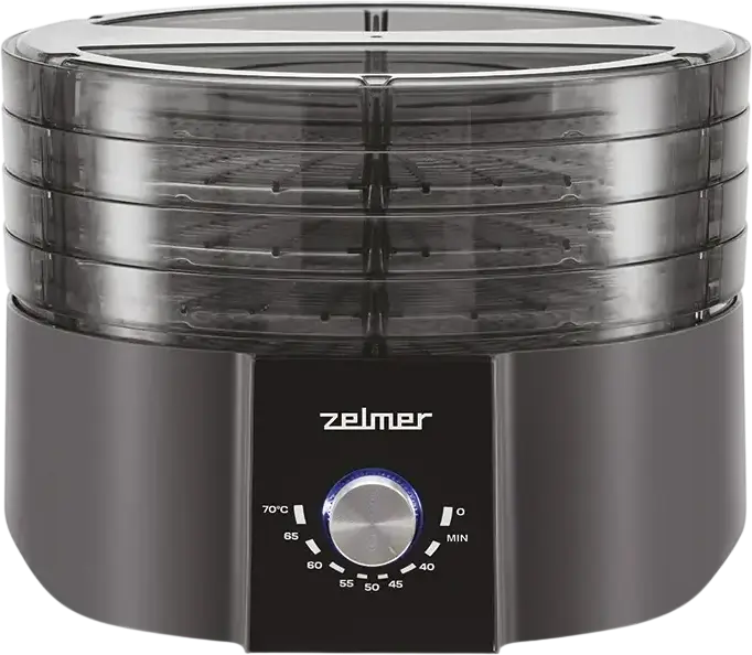 Дегидратор для продуктов Zelmer ZFD1004, 520 Вт, 4 лотка, диаметр 32 см, регулировка температуры 40-70°C, пластик без BPA, черный