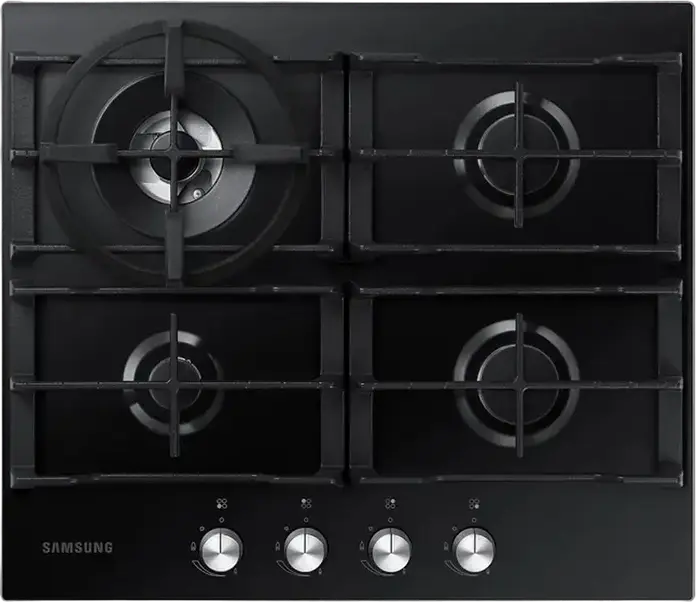 Plită Gaze Încrustabilă Samsung NA64H3030AK, 60x52 cm, 4 Arzătoare cu WOK Triple Crown, Sticlă Temperată, Grătare din Fontă, Siguranță Gas-Control, Neagră