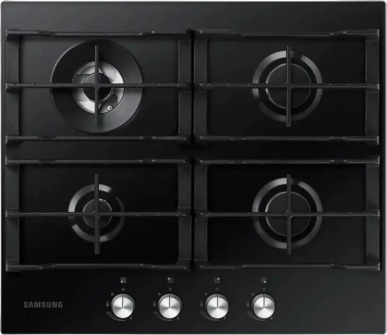 Plită Gaze Încrustabilă Samsung NA64H3030AK, 60x52 cm, 4 Arzătoare cu WOK Triple Crown, Sticlă Temperată, Grătare din Fontă, Siguranță Gas-Control, Neagră