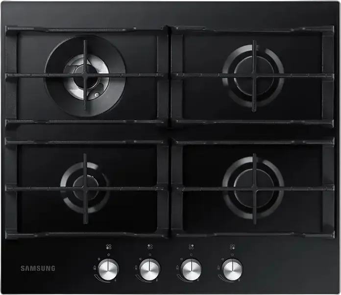 Plită Gaze Încrustabilă Samsung NA64H3030AK, 60x52 cm, 4 Arzătoare cu WOK Triple Crown, Sticlă Temperată, Grătare din Fontă, Siguranță Gas-Control, Neagră