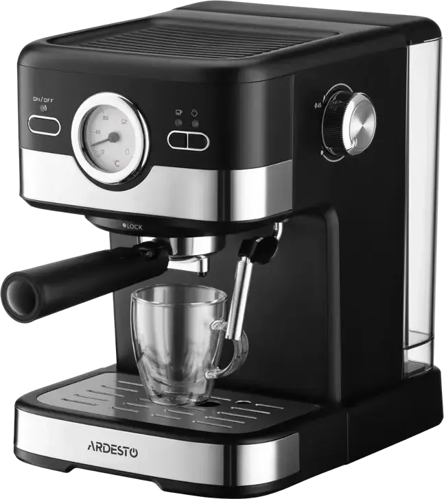 Кофемашина эспрессо Ardesto YCM-E16B ручная, давление помпы 20 бар, 1100 Вт, резервуар для воды 1.5 л, нержавеющая сталь, капучинатор, аналоговый термометр