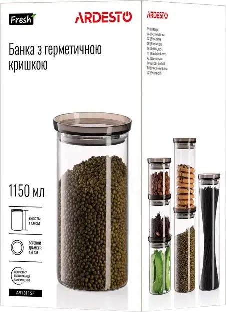 Borcan de sticlă pentru conservare Ardesto AR1311SF Fresh cu capac vacuum, 1150 ml, rotund transparent, dop din plastic și silicon, compatibil cu mașina de spălat vase