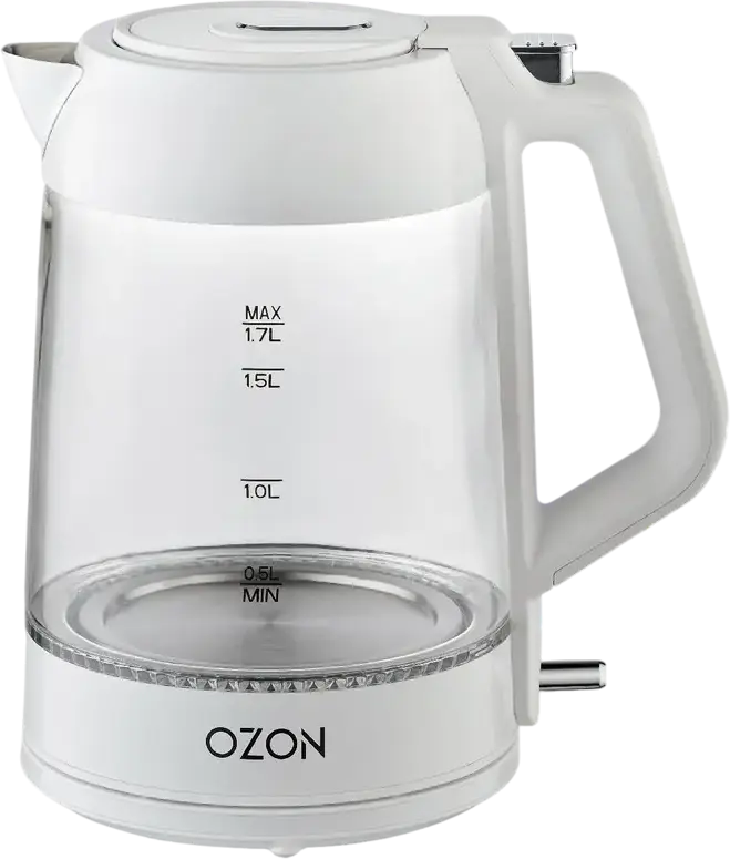 Fierbător electric din sticlă OZON EKC-1705A-GS, 1.7L, 2200W, Inox și Plastic, Iluminare LED, Protecție Against Fierberea Uscată, Bază 360 grade, Culoare: Alb