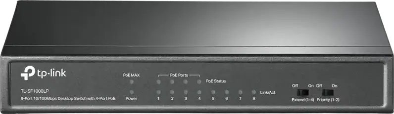 Switch Desktop Neadministrat TP-Link TL-SF1008LP, 8 Porturi 10/100 Mbps, 4 Porturi PoE IEEE 802.3af, Buget Putere 41W, Carcasă Metalică, Mod Extend 250m