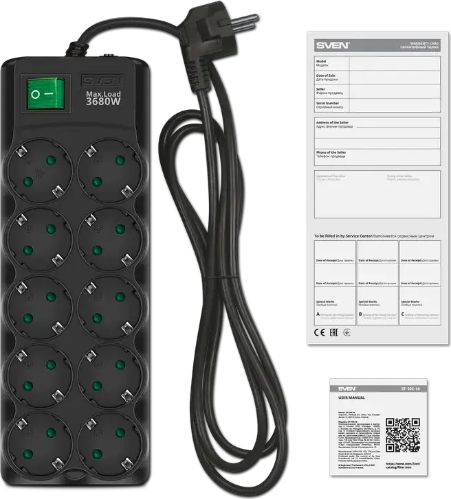 Prelungitor cu protectie la supratensiune SVEN SF-10E-16, 10 prize, cablu 5m, sarcina maxima 3680W, 16A, plastic ignifug, protectie pentru copii, negru