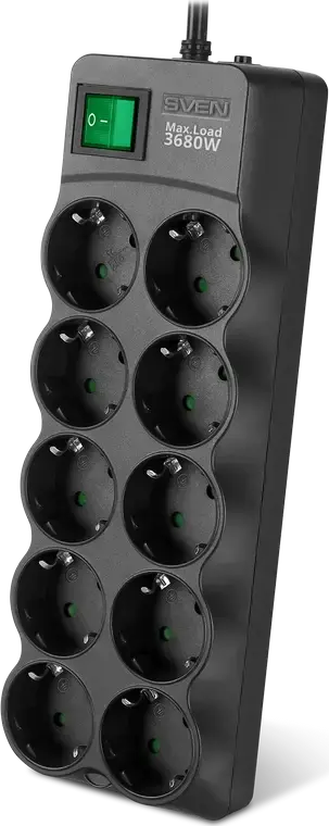 Prelungitor cu protectie la supratensiune SVEN SF-10E-16, 10 prize, cablu 5m, sarcina maxima 3680W, 16A, plastic ignifug, protectie pentru copii, negru