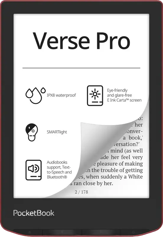 PocketBook Verse PRO 634 E-reader, Passion Red, 6-inch E Ink Carta 1200 Display, 300 PPI, 16GB Storage, IPX8 Waterproof, SMARTlight, WiFi, Bluetooth, Page-turn Buttons