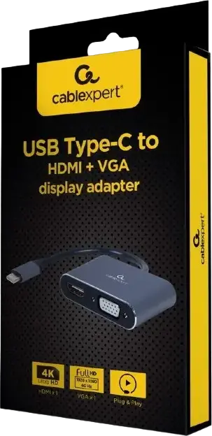 Cablexpert A-USB3C-HDMIVGA-01 USB Type-C to HDMI and VGA Adapter, 4K UHD @ 30Hz HDMI, 1080p VGA, Plug & Play, Mirror/Expand Mode, Grey