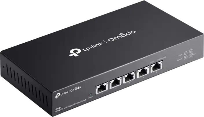 TP-Link DS105X Omada Unmanaged Desktop Switch, 5x 10-Gigabit Ethernet Ports, 100 Gbps Switching Capacity, Fanless Silent Design, Metal Casing, Black