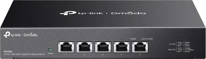 TP-Link DS105X Omada Unmanaged Desktop Switch, 5x 10-Gigabit Ethernet Ports, 100 Gbps Switching Capacity, Fanless Silent Design, Metal Casing, Black