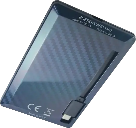 Внешний аккумулятор Tuncmatik EnergyCard 1400 Lightning, Li-Polymer 1400мАч, встроенный разъем Lightning, USB Type-C, быстрая зарядка 7.5 Вт, черный