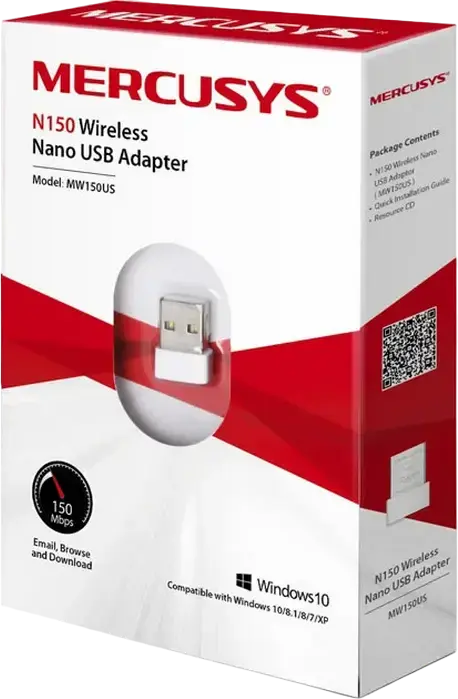 Mercusys MW150US N150 Wireless Nano USB Adapter, 150Mbps Wi-Fi, 2.4GHz, IEEE 802.11b/g/n, Ultra-Compact Design, Windows 11/10/8.1/8/7/XP Support