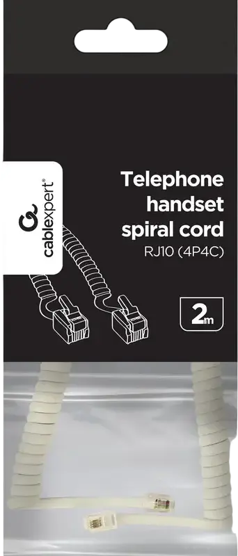 Cablu spiralat pentru receptor telefonic Cablexpert TC4P4CS-2M, Conectori RJ10 4P4C la RJ10 4P4C, Alb, 2 Metri
