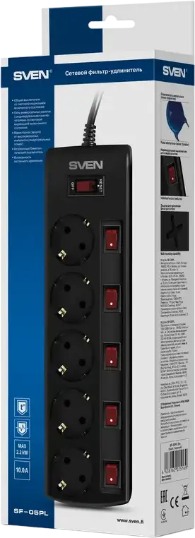 SVEN SF-05PL Surge Protection Power Strip, 5 Sockets with Individual Switches and Indicators, Schuko CEE 7/4, 1.8m Cable, 2300W, Fire-Resistant Black
