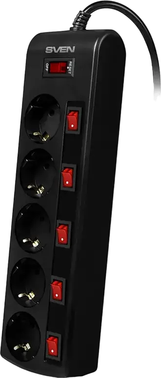 SVEN SF-05PL Surge Protection Power Strip, 5 Sockets with Individual Switches and Indicators, Schuko CEE 7/4, 1.8m Cable, 2300W, Fire-Resistant Black