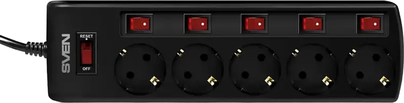 SVEN SF-05PL Surge Protection Power Strip, 5 Sockets with Individual Switches and Indicators, Schuko CEE 7/4, 1.8m Cable, 2300W, Fire-Resistant Black