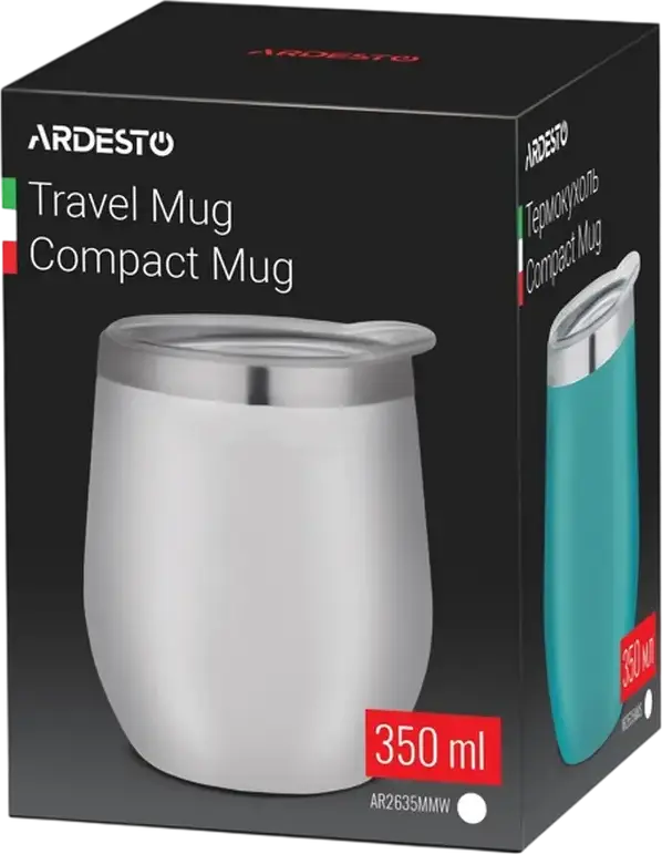 Cană Termică Compactă Ardesto AR2635MMW, 350ml Oțel Inoxidabil 18/10 cu Capac Transparent, Fără BPA, Albă