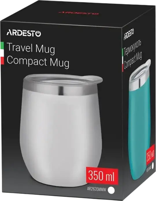 Cană Termică Compactă Ardesto AR2635MMW, 350ml Oțel Inoxidabil 18/10 cu Capac Transparent, Fără BPA, Albă