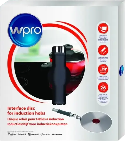 Wpro 484000008677 Induction Interface Disc, 26 cm Stainless Steel Adapter for Non-Induction Cookware, Heat Indicator and Detachable Handle