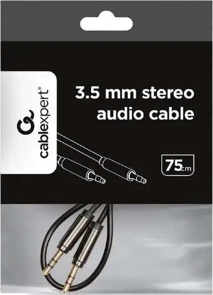 Cablexpert CCAP-444 Stereo Audio Cable, 3.5mm TRS to 3.5mm TRS Male, Gold-Plated Connectors, Analog Interface, 0.75m, Black