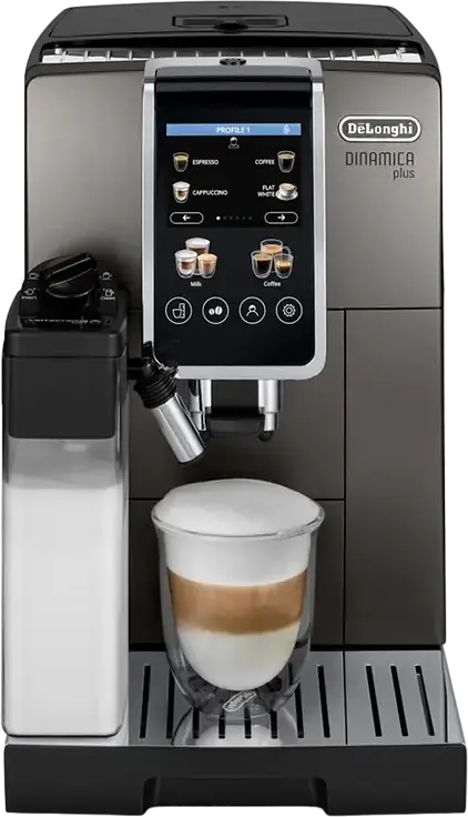 aparat de cafea automat DeLonghi Dinamica Plus ECAM 380.95.TB, Titan, Pompa 15 bar, Sistem LatteCrema, Ecran Tactil Color TFT 3.5", 24 de Rețete