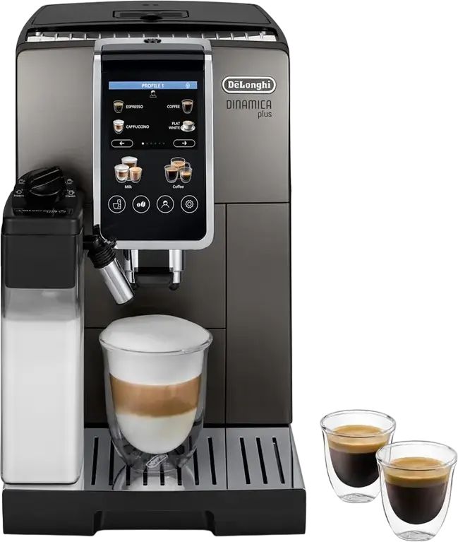 aparat de cafea automat DeLonghi Dinamica Plus ECAM 380.95.TB, Titan, Pompa 15 bar, Sistem LatteCrema, Ecran Tactil Color TFT 3.5", 24 de Rețete