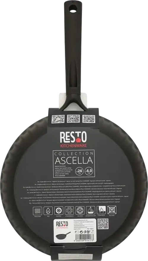 Resto Ascella 94010 Frying Pan, Recycled Die-Cast Aluminium, Pfluon Cookmark Non-Stick Coating, Induction Compatible, Ergonomic Handle, 26 cm, Black