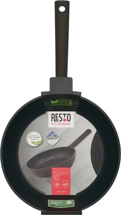 Resto Ascella 94010 Frying Pan, Recycled Die-Cast Aluminium, Pfluon Cookmark Non-Stick Coating, Induction Compatible, Ergonomic Handle, 26 cm, Black