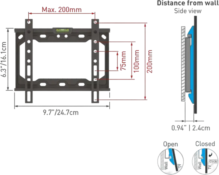 Настенный кронштейн для ТВ Barkan E202+ фиксированный, для экранов 13-39 дюймов, VESA 75x75-200x200 мм, металл, черный, с автоблокировкой, до 40 кг