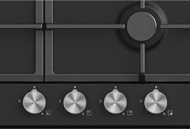 Candy CHG6BF4WPBB Built-in Gas Hob, 4 Burners with Double Crown 4kW, Cast Iron Grates, Tempered Glass Surface, Black, 59.5 cm