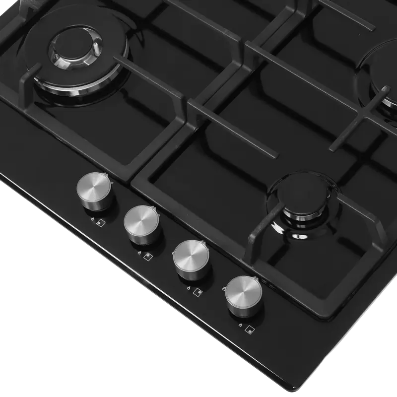 Candy CHG6BF4WPBB Built-in Gas Hob, 4 Burners with Double Crown 4kW, Cast Iron Grates, Tempered Glass Surface, Black, 59.5 cm