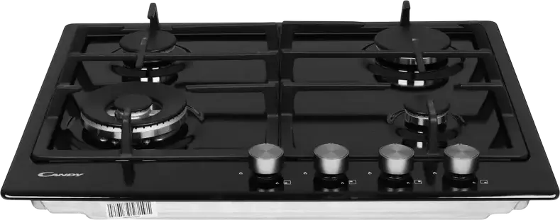 Candy CHG6BF4WPBB Built-in Gas Hob, 4 Burners with Double Crown 4kW, Cast Iron Grates, Tempered Glass Surface, Black, 59.5 cm