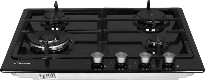 Candy CHG6BF4WPBB Built-in Gas Hob, 4 Burners with Double Crown 4kW, Cast Iron Grates, Tempered Glass Surface, Black, 59.5 cm