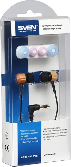 SVEN SEB 12 WD Wired Stereo In-Ear Earbuds, Natural Wood Housing, 10mm Dynamic Driver, 3.5mm Gold-Plated L-Shaped Jack, Brown