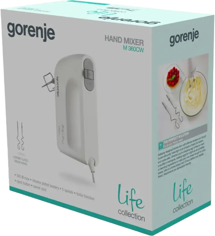 Gorenje M360CW Life Collection Hand Mixer, 345W, 5 Speed Levels + Turbo Function, White Plastic Housing, with Beaters and Dough Hooks