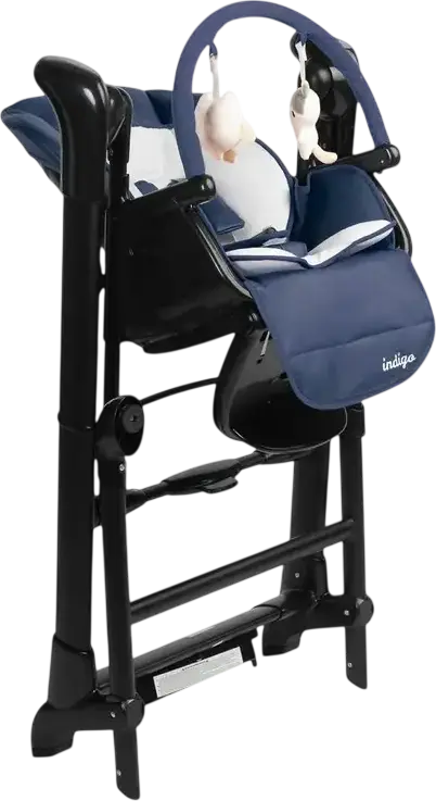 Caretero Indigo 2-in-1 High Chair and Electric Swing, Aluminum Frame, 5-Point Harness, Adjustable Height & Backrest, Double Tray, for Newborns to 15kg