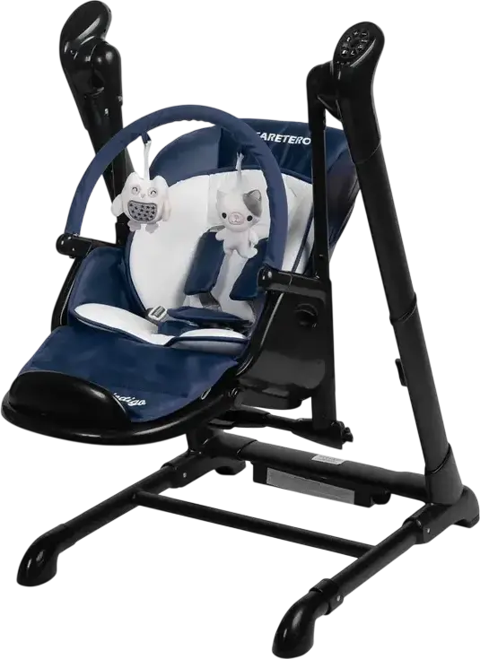 Caretero Indigo 2-in-1 High Chair and Electric Swing, Aluminum Frame, 5-Point Harness, Adjustable Height & Backrest, Double Tray, for Newborns to 15kg