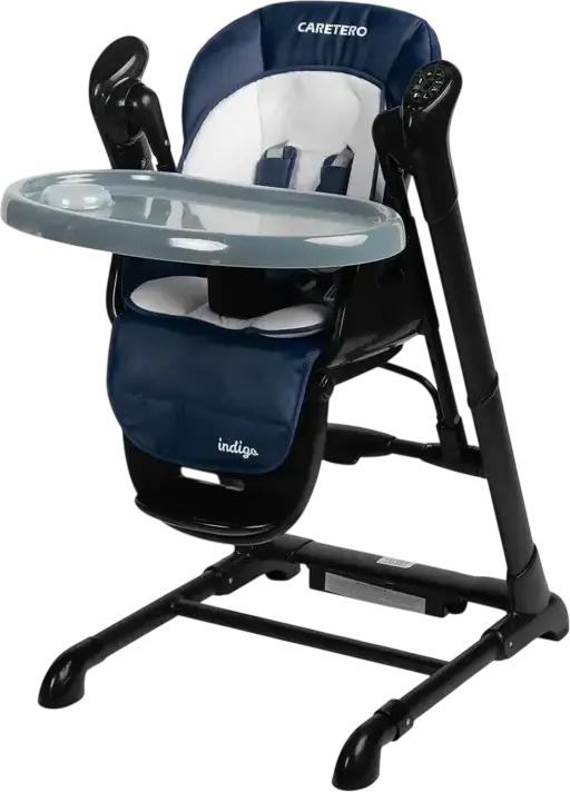 Caretero Indigo 2-in-1 High Chair and Electric Swing, Aluminum Frame, 5-Point Harness, Adjustable Height & Backrest, Double Tray, for Newborns to 15kg