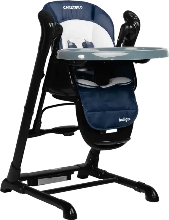 Caretero Indigo 2-in-1 High Chair and Electric Swing, Aluminum Frame, 5-Point Harness, Adjustable Height & Backrest, Double Tray, for Newborns to 15kg