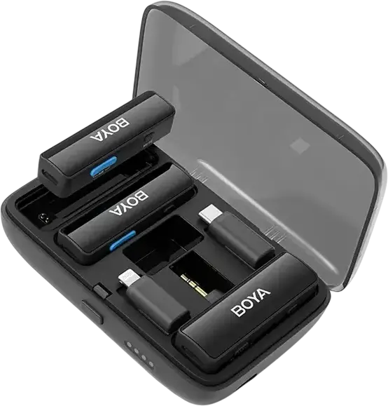 Sistem Microfon Lavaliere Wireless Boya Boyalink, Condensator Omnidirecțional, Raza 300m, Anulare Zgomot, Etui Încărcare, Adaptori USB-C/Lightning/3.5mm