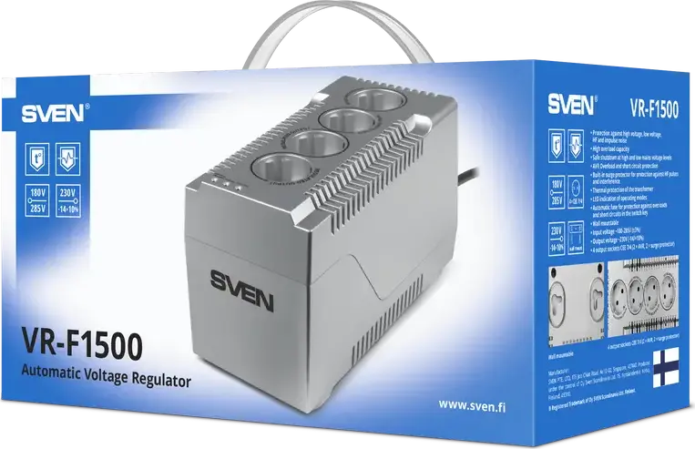 SVEN VR-F1500 Relay Automatic Voltage Regulator, 1500VA/500W, 4 Sockets, Surge Protection, Overload and Short Circuit Protection, Grey, Wall Mountable
