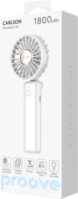 Ventilator Portabil Proove Carlson de mana si masa, Baterie Li-ion 1800mAh, Incarcare USB Type-C, 3 Trepte de Viteza, Plastic ABS, Alb